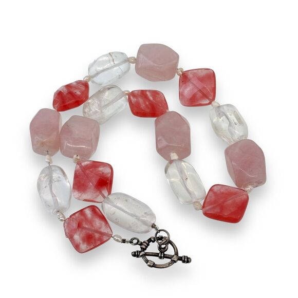 Chunky Sterling Silver 925 Cherry Quartz Rose Quartz Clear Quartz Necklace 16" - Picture 3 of 4